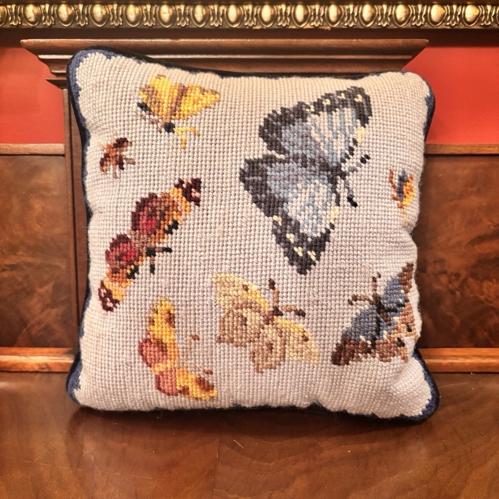 Williamsburg Needlepoint Butterfly Pillow Velvet Back Accent Throw Cushion 10"